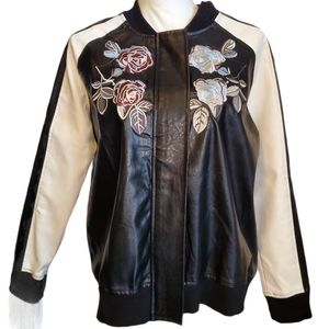 POL Vegan Leather Floral Embroidered Bomber Jacket